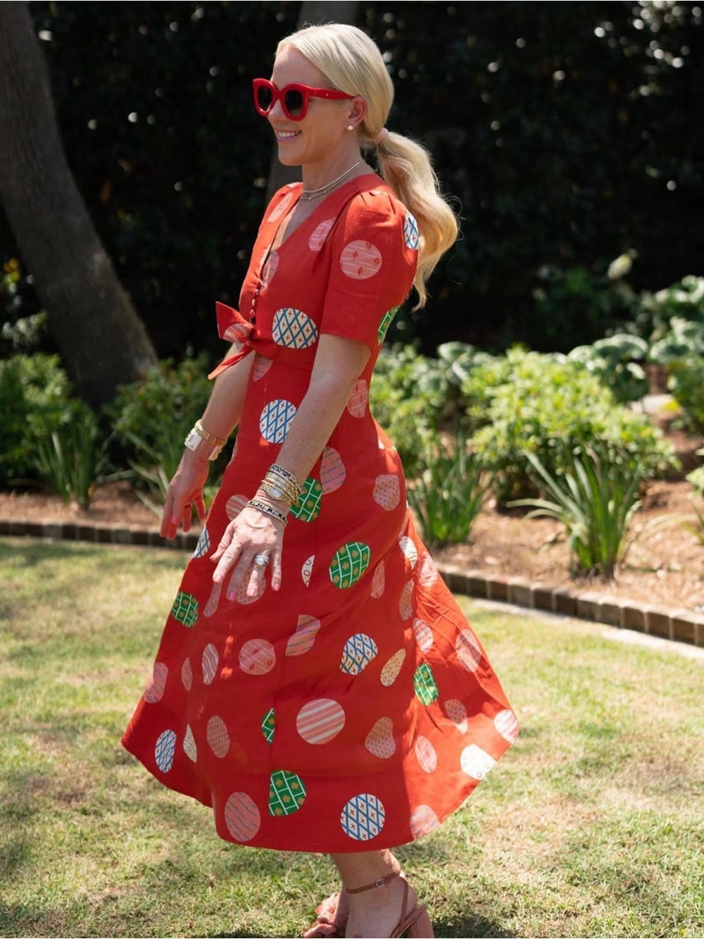 Hunter Bell Pierce Linen Midi Dress in Red Circle Print, Size 2